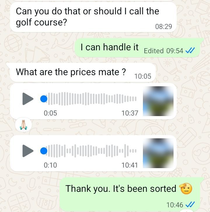 WhatsApp conversation with a Belek Golf Shuttle guest
